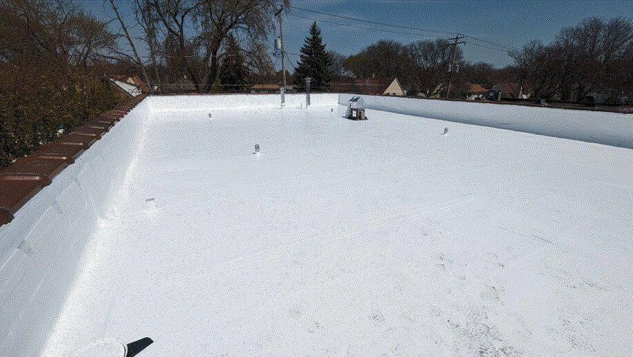 A flat, white-coated commercial roof with a few vents and utility pipes, surrounded by trees and residential houses in the background under a clear blue sky.