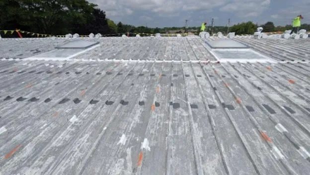 A weathered, corrugated metal roof with white patches and skylights is being worked on; two workers in safety vests are visible in the background under a partly cloudy sky.