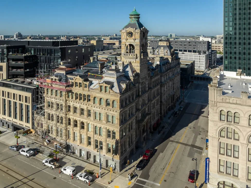 Aerial view of the Milwaukee Grain Exchange building