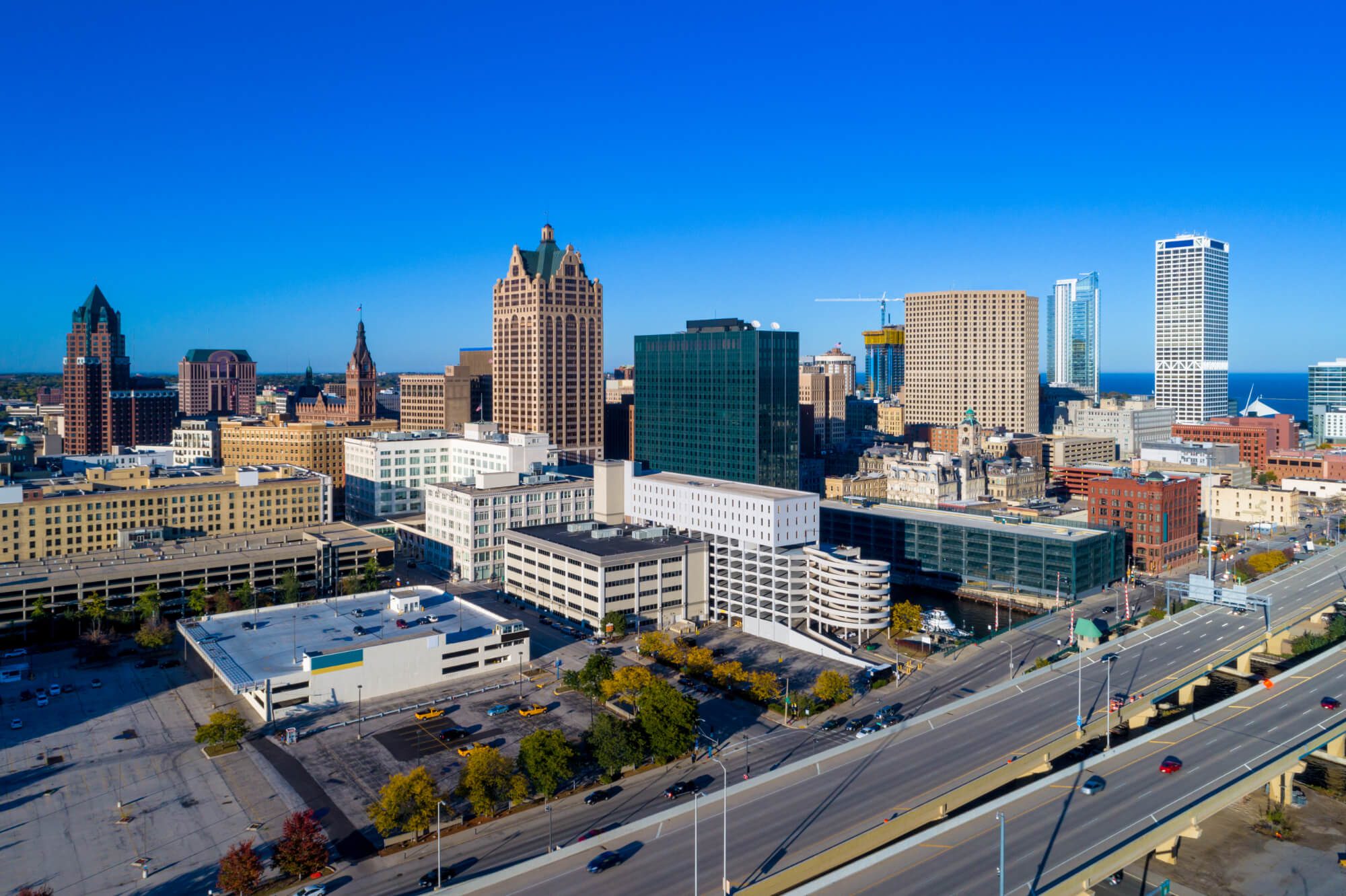 Aerial drone view of Milwaukee Grain Exchange building roof from directly above