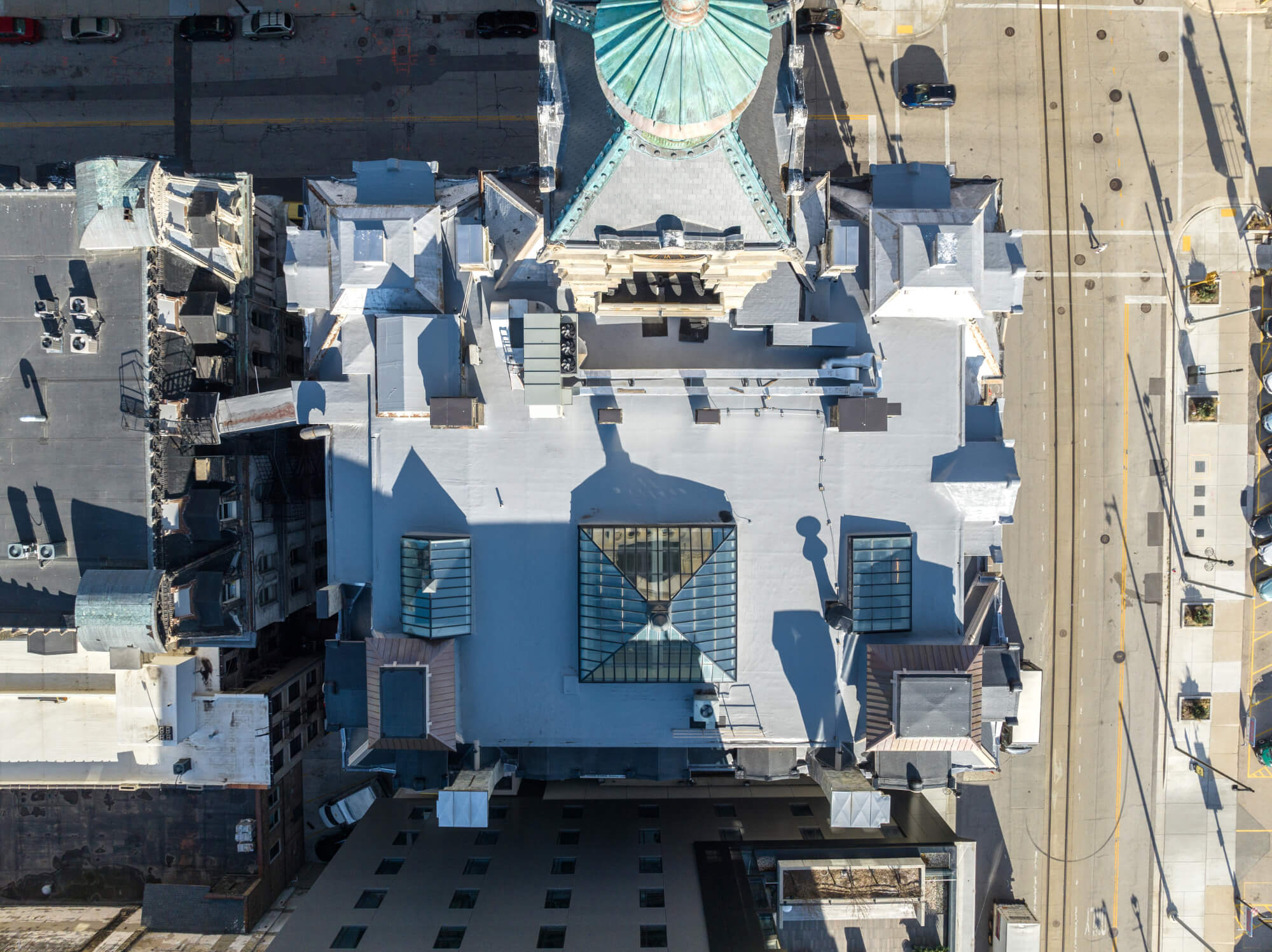 Aerial view of the Milwaukee Grain Exchange building rooftop