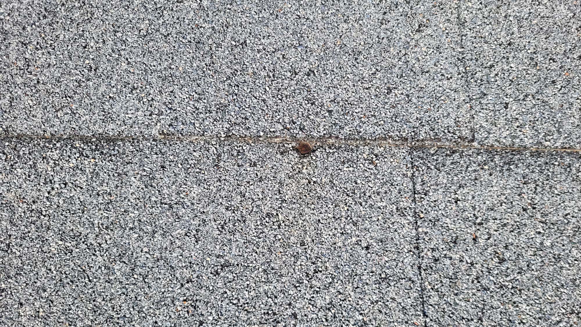 A small brown snail is crawling on a textured gray concrete or asphalt surface, moving along a visible seam or crack in the material.