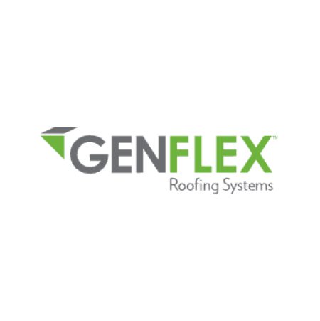 GenFlex Roofing Systems logo featuring the word GENFLEX in bold letters, with GEN in gray, FLEX in green, and a green and gray geometric shape above the G. Roofing Systems appears below in gray text.