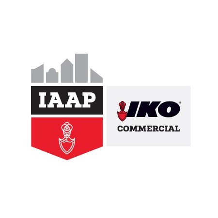 IAAP and IKO Commercial logos side by side; IAAP logo has cityscape silhouettes above a shield with a helmet icon, while IKO Commercial—trusted commercial roofing contractor—features bold text and a feather emblem.