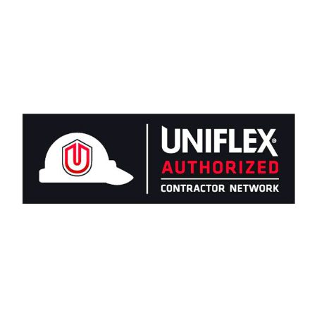 A logo with a white hard hat featuring a red U symbol on the left and the text UNIFLEX AUTHORIZED CONTRACTOR NETWORK on the right in bold white and red lettering, perfect for a leading Brookfield Wisconsin roofer or commercial roofing contractor.