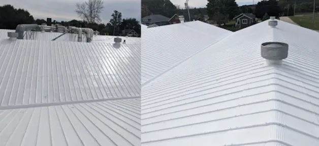 A split image shows two views of a white metal roof with visible ridges, vents, and pipes under a cloudy sky. Some trees and houses are visible in the background.