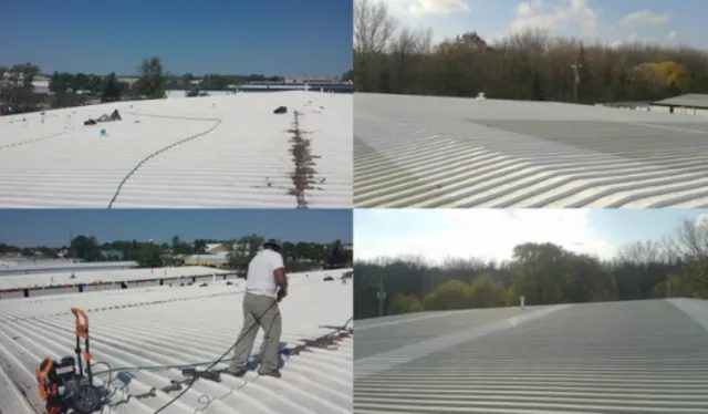 Four images show the process of repairing and sealing a large white metal roof: workers and equipment are present in early stages, followed by close-ups of the clean and finished roof in later stages.